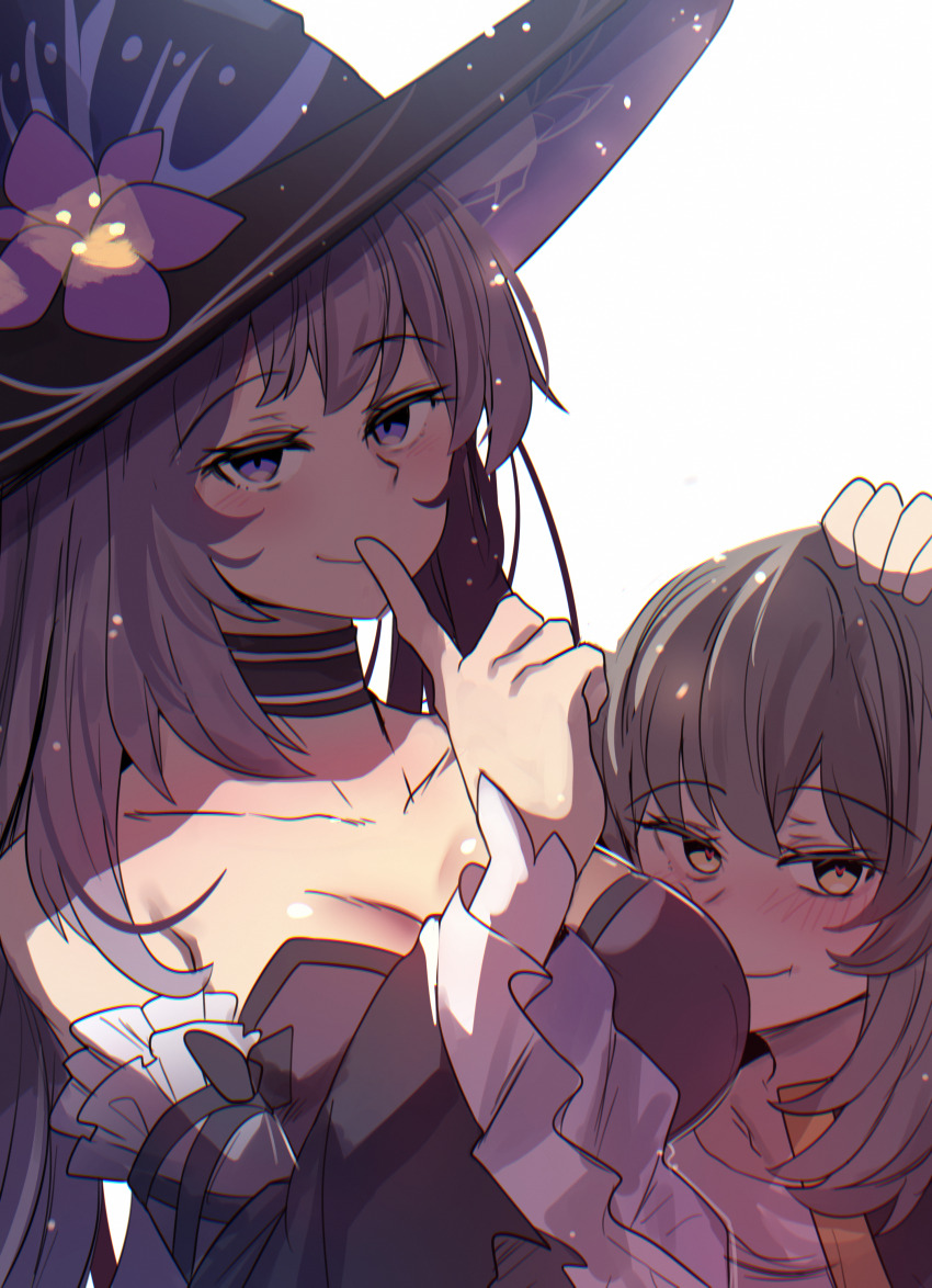 2girls absurdres black_dress blush breasts cleavage commentary detached_sleeves dress flower frilled_sleeves frills grey_hair hand_up hat hat_flower herta_(honkai:_star_rail) the_herta_(honkai:_star_rail) highres hinghoi honkai:_star_rail honkai_(series) index_finger_raised large_breasts long_hair long_sleeves looking_at_viewer multiple_girls purple_eyes purple_flower simple_background smile stelle_(honkai:_star_rail) strapless strapless_dress trailblazer_(honkai:_star_rail) upper_body white_background wide_sleeves witch_hat yellow_eyes