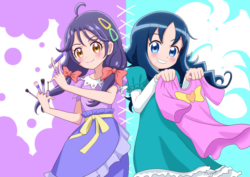 2girls absurdres ahoge aqua_background between_fingers blue_eyes blue_hair blue_shirt blush bow brooch brown_eyes closed_mouth cowboy_shot grin hair_bow hair_intakes hair_ornament hair_over_shoulder hairclip heart heart_brooch heartcatch_precure! highres holding holding_unworn_clothes holding_makeup_brush holding_shirt holding_unworn_clothes jewelry kurumi_erika long_hair looking_at_viewer low_twintails makeup makeup_brush multiple_girls pink_bow pink_shirt precure puffy_sleeves purple_background purple_hair purple_shirt purple_skirt ring sentyouoekaki shirt short_hair side-by-side skirt smile suzumura_sango tropical-rouge!_precure twintails two-tone_background white_bow yellow_bow