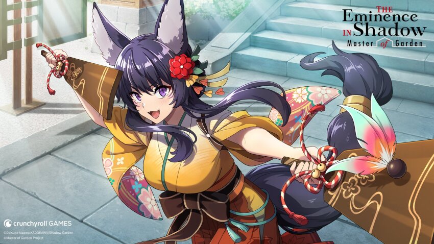 1girl animal_ear_fluff animal_ears artist_request bell black_hair breasts copyright_notice crunchyroll delta_(kage_no_jitsuryokusha_ni_naritakute!) dual_wielding facial_mark fangs floral_print flower hair_flower hair_ornament hakama highres holding japanese_clothes kage_no_jitsuryokusha_ni_naritakute! kage_no_jitsuryokusha_ni_naritakute!_master_of_garden large_breasts logo long_hair multicolored_feathers official_art orange_hakama purple_eyes red_flower solo stairs tail whisker_markings