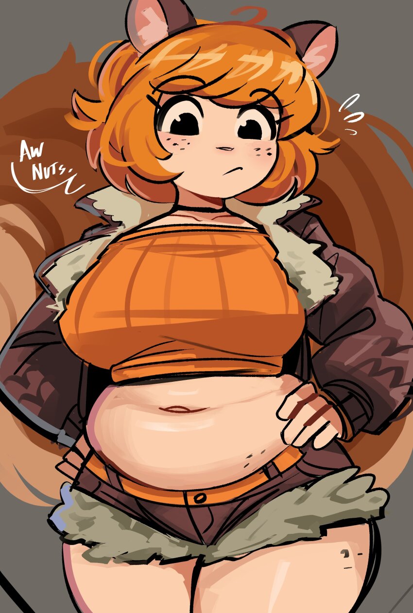 1girl absurdres animal_ears belt black_choker breasts brown_fur brown_hair brown_jacket brown_shorts cat_ears choker closed_mouth crop_top english_text hand_on_own_hip hands_on_own_hips highres jacket large_breasts long_sleeves looking_at_viewer marvel marvel_rivals medium_hair midriff navel open_clothes orange_hair orange_shirt peargor plump shirt short_hair short_shorts shorts simple_background solo squirrel_ears squirrel_girl squirrel_girl_(marvel) squirrel_tail standing tail