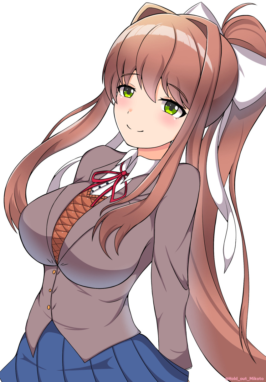 1girl blue_skirt blush bow brown_hair brown_sweater_vest brown_vest commentary_request doki_doki_literature_club green_eyes grey_jacket hair_bow hair_intakes highres jacket long_hair mikoto000813 monika_(doki_doki_literature_club) neck_ribbon ponytail ribbon school_uniform shirt skirt smile sweater_vest twitter_username vest white_background white_bow white_shirt