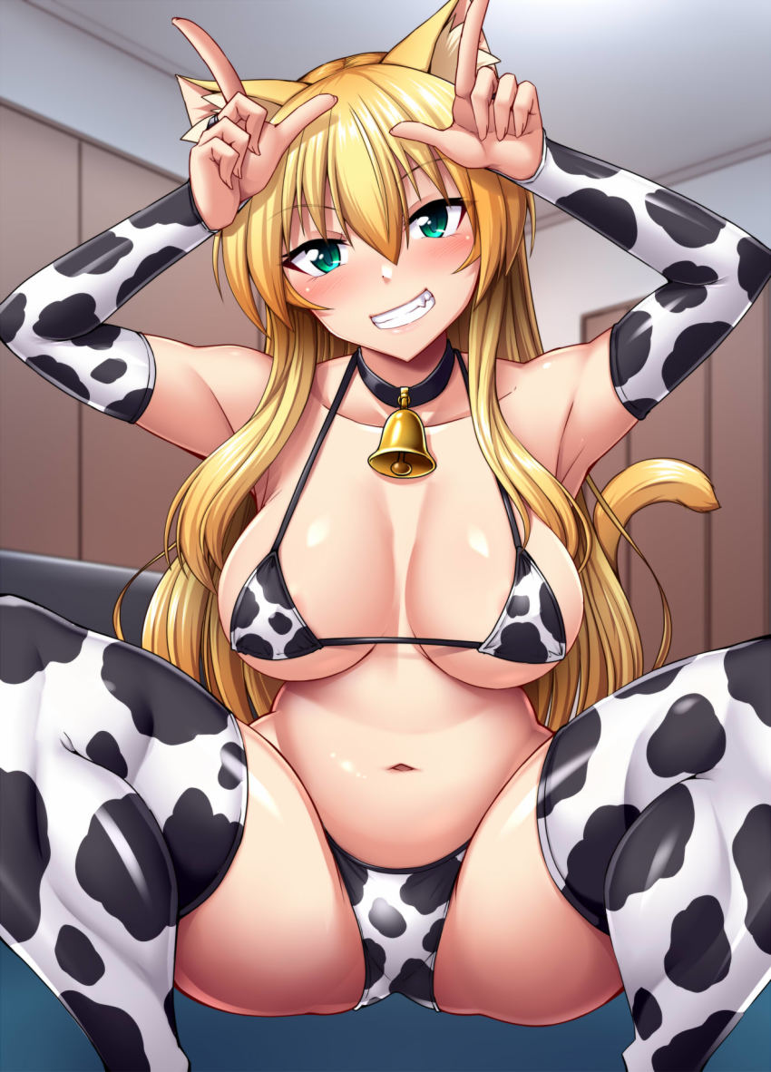 1girl animal_ears animal_print areola_slip armpits ass bell bikini blonde_hair blush breasts cat_ears cat_tail choker cow_print grin highres long_hair looking_at_viewer navel neck_bell nokoppa original smile solo spread_legs squatting swimsuit tail teeth thighhighs