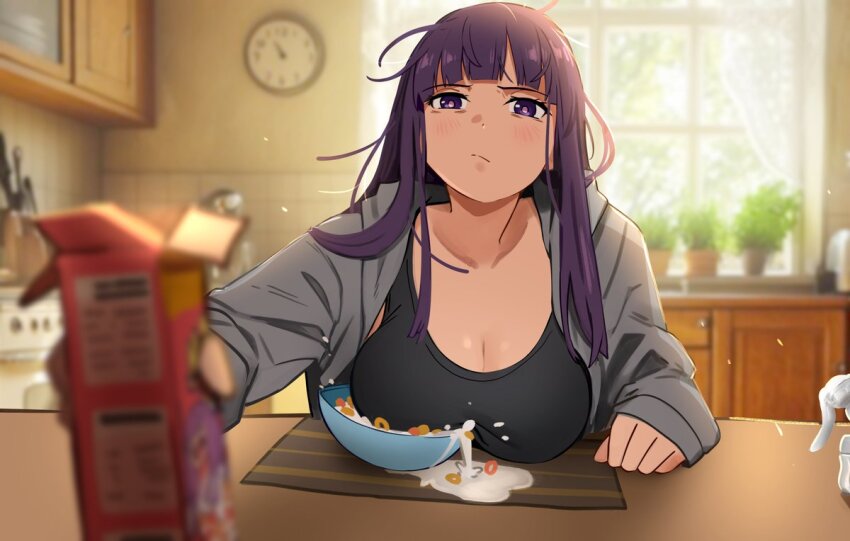 1girl alternate_costume blunt_bangs bowl breasts cereal cleavage closed_mouth collarbone corn_flakes fern_(sousou_no_frieren) holding inconvenient_breasts indoors khyle. kitchen large_breasts long_hair looking_at_viewer milk purple_eyes purple_hair shirt solo sousou_no_frieren