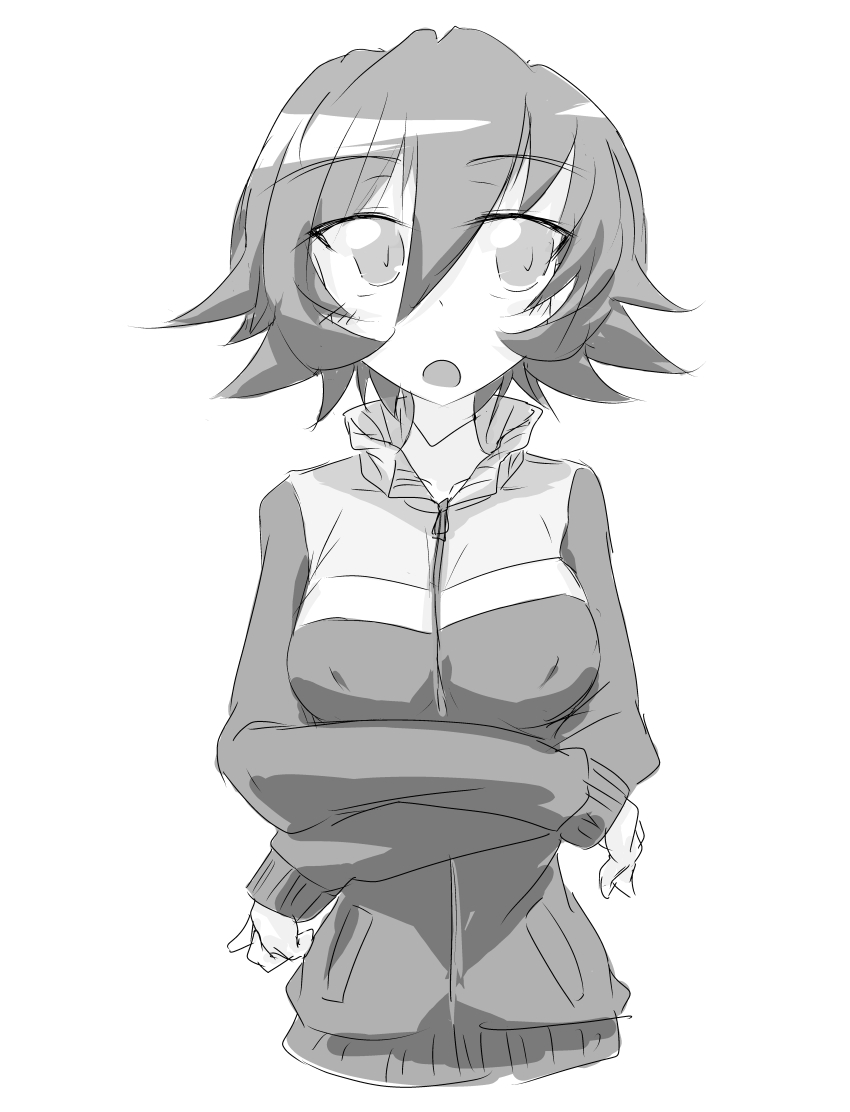 1girl absurdres breasts covered_erect_nipples girls_und_panzer greyscale hida_ema highres jacket large_breasts looking_to_the_side monochrome naruka_box no_bra open_mouth pointy_hair short_hair signature track_jacket