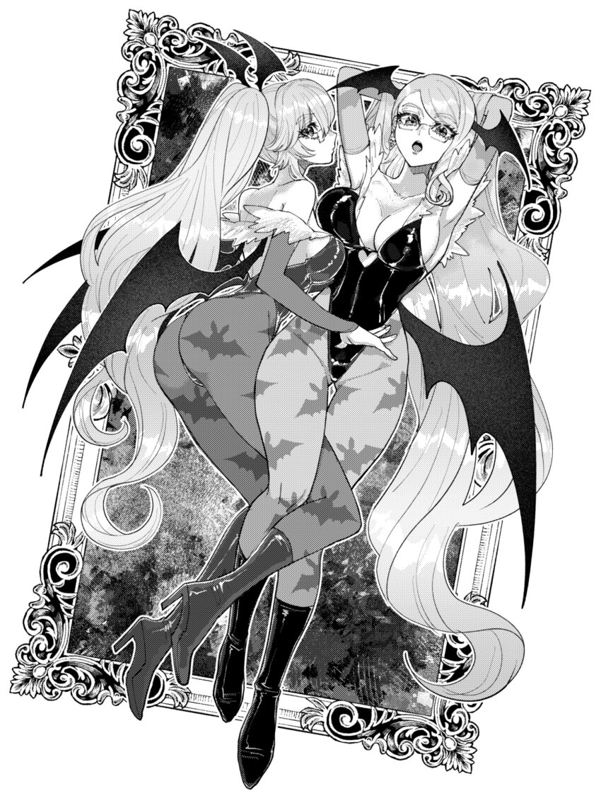 2girls animal_print bat_print bat_wings boots breasts cleavage clothing_cutout cosplay fate/grand_order fate_(series) full_body fur-trimmed_leotard fur_trim glasses greyscale head_wings heart_cutout highres koyanskaya_(fate) large_breasts lilith_(darkstalkers) lilith_(darkstalkers)_(cosplay) long_hair looking_at_viewer monochrome morgana_(persona_5) morgana_(persona_5)_(cosplay) morrigan_aensland morrigan_aensland_(cosplay) multiple_girls off-shoulder_leotard onikudaisuki_x pantyhose picture_frame print_pantyhose tamamo_(fate) twintails very_long_hair wings