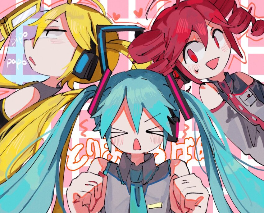 &gt;o&lt; 3girls ahoge akita_neru blonde_hair blue_hair blue_necktie blue_trim buttons cellphone closed_eyes collared_shirt detached_sleeves drill_hair hatsune_miku headphones heart horse_tail izayoi_(i34i22w) kasane_teto long_hair multiple_girls necktie one_eye_covered open_mouth phone pink_background red_eyes red_hair red_trim shirt sweatdrop tail triple_baka_(vocaloid) twin_drills twintails upper_body utau vocaloid yellow_trim