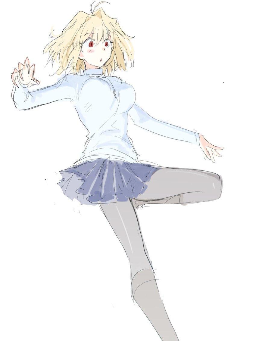 1girl ahoge antenna_hair arcueid_brunestud blonde_hair blush boots breasts falling hair_intakes highres jewelry kbi_34 knee_boots long_sleeves messy_hair necklace pantyhose parted_lips purple_skirt short_hair skirt tsukihime tsukihime_(remake) type-moon white_background