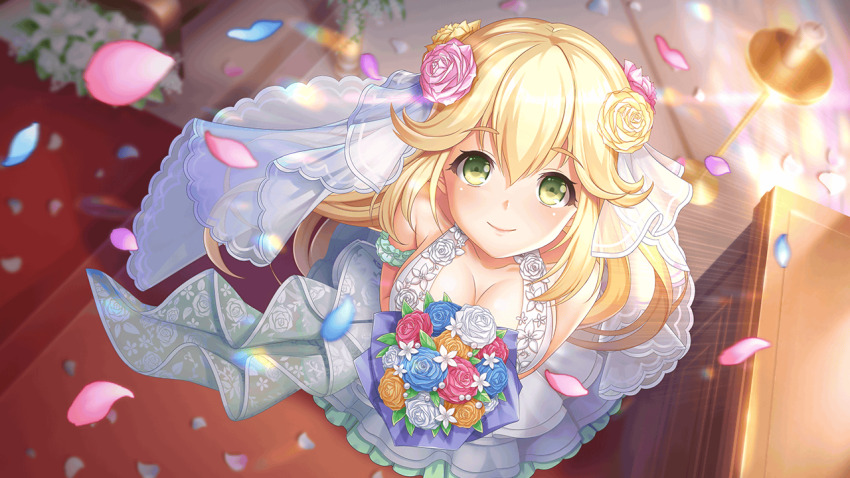 black_flower black_rose blonde_hair blue_flower blue_rose blush bouquet breasts bridal_veil bride cherry_blossoms cleavage confetti deep_one_kyomu_to_mugen_no_fragment dress falling_petals floral_print flower gloves green_eyes green_flower hair_between_eyes hair_flower hair_ornament holding holding_bouquet long_hair looking_at_viewer medium_breasts non-web_source orange_flower petals petals_on_liquid pink_flower pink_rose purple_flower purple_rose red_flower red_rose rose rose_petals rose_print smile solo veil wedding wedding_dress white_flower white_rose wind yellow_eyes yellow_flower yellow_rose zizeru_bo-dowhin