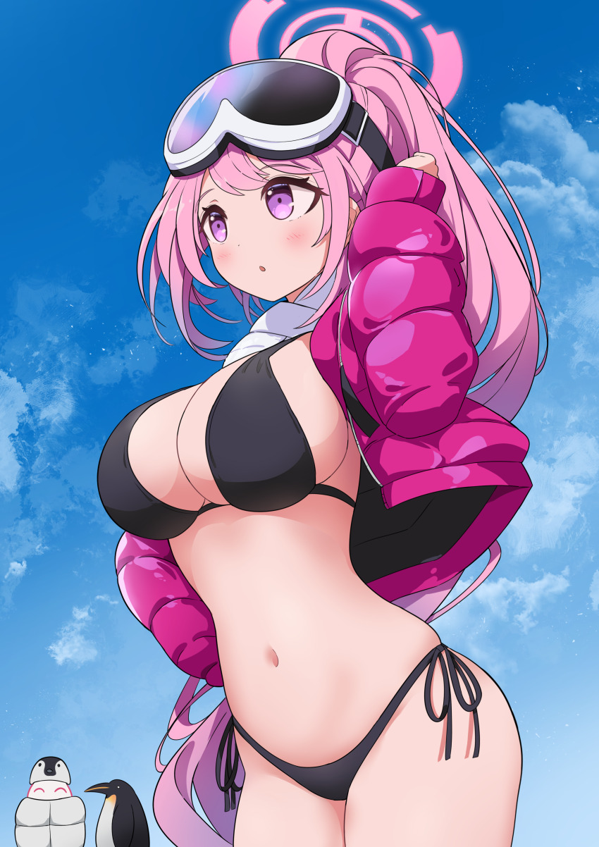 1boy 1girl absurdres animal bikini bird black_bikini blue_archive blue_sky breasts cloud cowboy_shot doodle_sensei_(blue_archive) eimi_(blue_archive) eimi_(swimsuit)_(blue_archive) goggles goggles_on_head halo highres jacket kittenlochen large_breasts long_hair long_sleeves navel official_alternate_costume open_clothes open_jacket penguin pink_eyes pink_hair pink_halo pink_jacket ponytail scarf sensei_(blue_archive) side-tie_bikini_bottom sky solo_focus swimsuit very_long_hair white_scarf