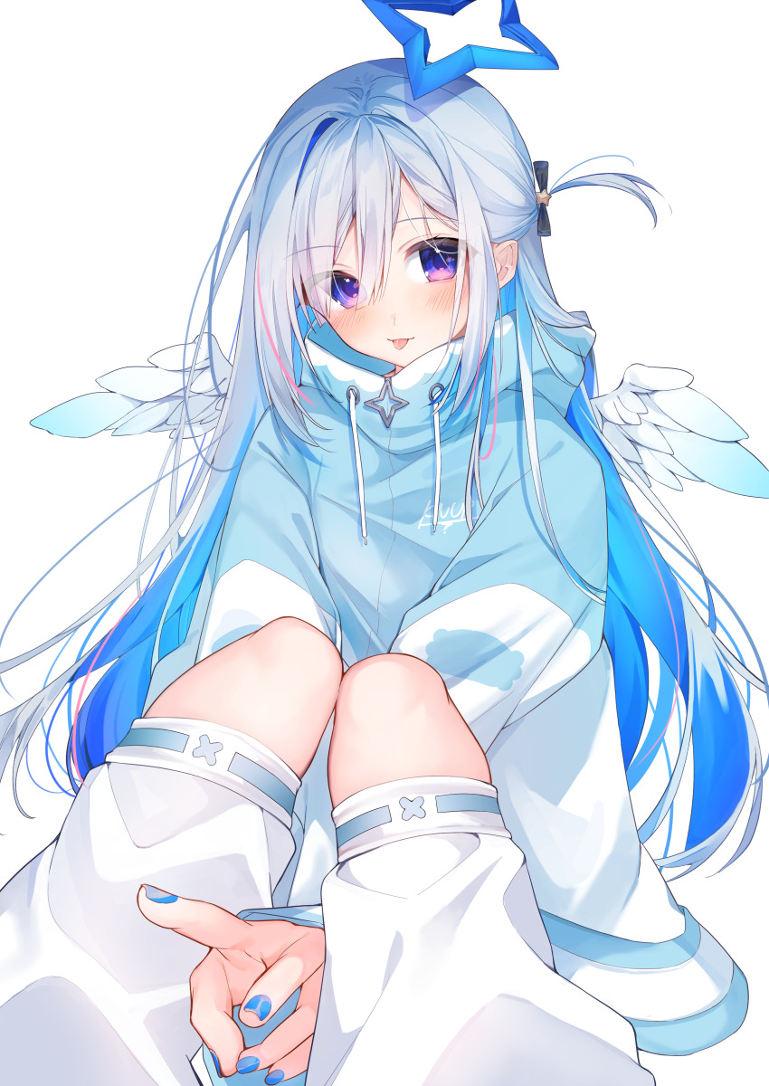 1girl :p absurdres amane_kanata angel_wings asymmetrical_bangs between_legs blue_hair blue_halo blue_jacket blue_nails blue_panties blue_wings blush colored_inner_hair commentary_request eme_(emeralda) eyes_visible_through_hair feathered_wings feet_out_of_frame gradient_wings grey_hair hair_over_one_eye halo hand_between_legs high_collar highres hololive hood hooded_jacket invisible_floor jacket looking_at_viewer loose_socks mini_wings multicolored_clothes multicolored_hair multicolored_jacket multicolored_wings official_alternate_hair_length official_alternate_hairstyle on_floor panties popped_collar purple_eyes simple_background sitting socks solo star_halo tongue tongue_out two-tone_jacket two_side_up underwear v v_arms virtual_youtuber white_background white_jacket white_socks white_wings wings