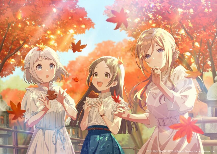 3girls autumn_leaves belt blue_eyes braid brown_hair fence forehead gakuen_idolmaster grey_hair himesaki_rinami idolmaster katsuragi_lilja kuramoto_china multiple_girls official_art open_mouth skirt sunlight tree