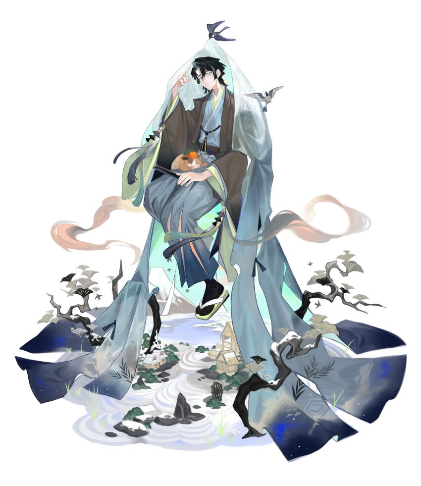 1boy bird black_hair black_socks blue_kimono branch cat character_request folding_fan food fruit full_body hand_fan highres japanese_clothes kimono looking_at_viewer male_focus mandarin_orange mountain onmyoji powerlesssong ripples short_hair socks swallow_(bird) veil