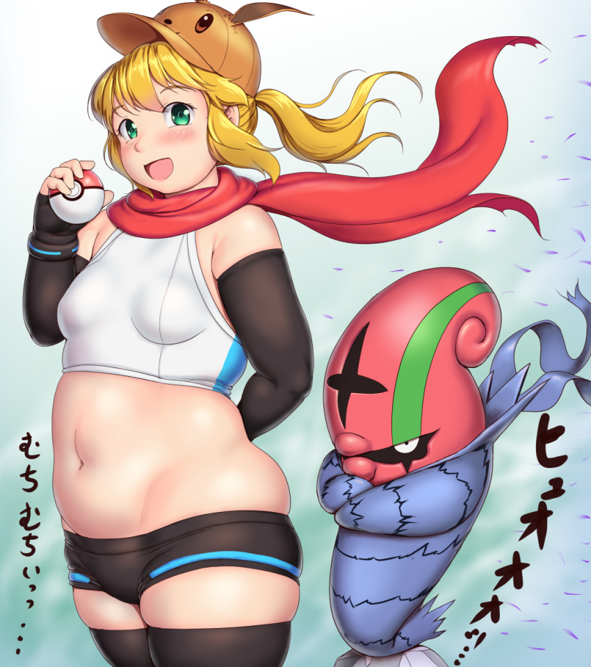 1girl accelgor arm_behind_back bare_shoulders blonde_hair blush breasts character_request clothing_request commentary_request cowboy_shot creatures_(company) eevee eevee_ears elbow_gloves fingerless_gloves game_freak gen_1_pokemon gen_5_pokemon gloves gradient_background green_eyes hair_between_eyes hat head_tilt highres holding holding_poke_ball looking_at_viewer medium_breasts medium_hair navel nintendo open_mouth orizen plump poke_ball pokemon pokemon_(creature) ponytail scarf small_breasts smile thick_arms thick_thighs thighhighs thighs translation_request