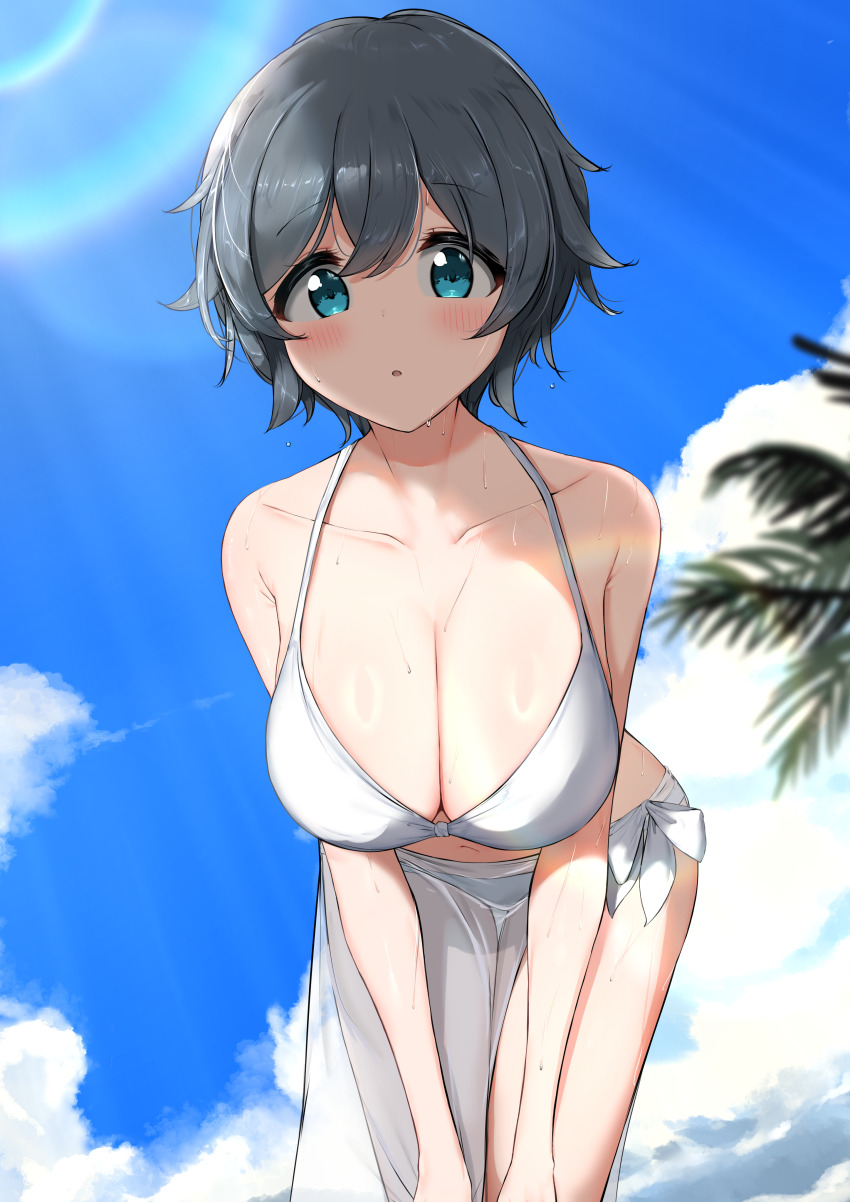 1girl absurdres bare_shoulders bent_over bikini black_hair blue_eyes blue_sky blush bow breasts cleavage collarbone day highres large_breasts lens_flare looking_at_viewer original outdoors parted_lips sarashi see-through_clothes short_hair side-tie_bikini_bottom sky solo swimsuit thigh_gap wet white_bikini white_bow zagashira