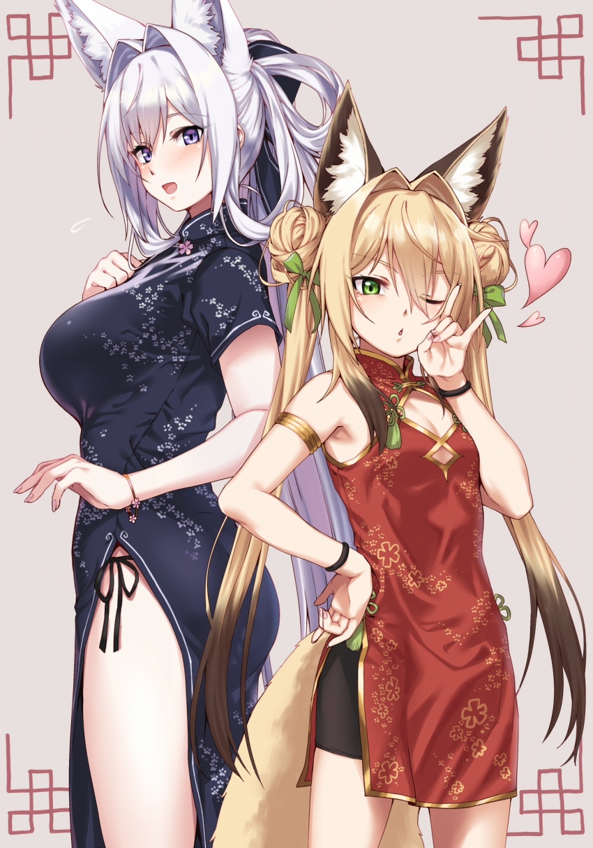 2girls animal_ears armlet ass black_dress blonde_hair breasts china_dress chinese_clothes cowboy_shot double_bun dress flying_sweatdrops fox_ears fox_shadow_puppet green_eyes hair_between_eyes hair_bun hair_intakes hair_rings hand_on_own_hip heart highres jewelry large_breasts long_hair multiple_girls one_eye_closed original panties purple_eyes red_dress side-tie_panties sidelocks silver_hair small_breasts tamakagura_inari tamamo_(yagi) twintails underwear very_long_hair wristband yagi_(ningen)