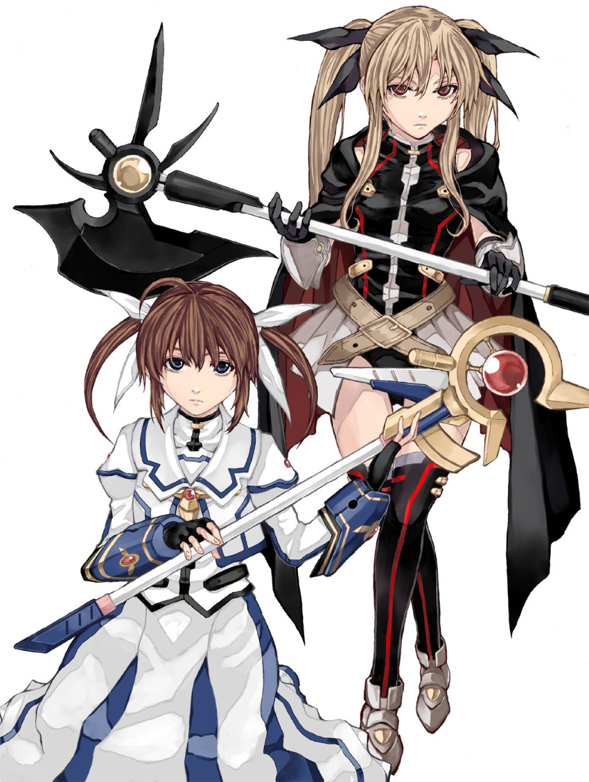 2girls armor bardiche_(bullova_form)_(nanoha) bardiche_(nanoha) belt blonde_hair blue_eyes brown_hair buckle cape commentary_request dress fate_testarossa fate_testarossa_(lightning_form)_(2nd) fingerless_gloves gloves hair_ribbon highres kurokoeda lyrical_nanoha magical_girl mahou_shoujo_lyrical_nanoha mahou_shoujo_lyrical_nanoha_a&#039;s mahou_shoujo_lyrical_nanoha_the_movie_2nd_a&#039;s multiple_girls raid_slash raising_heart raising_heart_(accel_mode)_(2nd) red_eyes ribbon short_twintails skirt takamachi_nanoha takamachi_nanoha_(sacred_mode)_(2nd) thighhighs twintails white_background white_dress