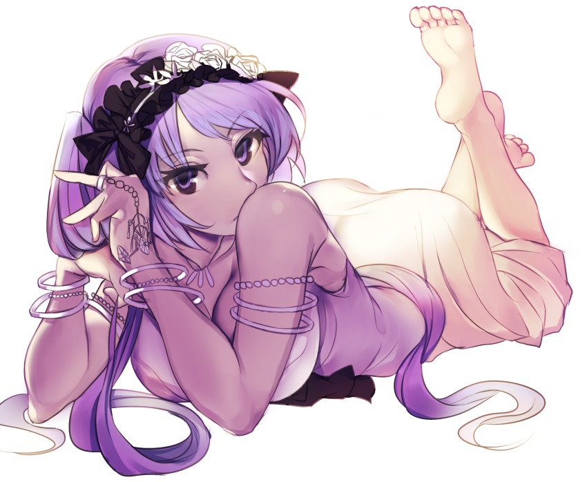 1girl absurdres armlet ass barefoot bracelet breasts cleavage dress euryale_(fate) euryale_(third_ascension)_(fate) eyelashes fate/grand_order fate_(series) feet female_focus frilled_hairband frills full_body hairband hatahata_p_(taritari1648) highres jewelry large_breasts legs_up long_hair looking_at_viewer lying on_stomach purple_eyes purple_hair ring simple_background sleeveless sleeveless_dress soles solo the_pose toes white_background