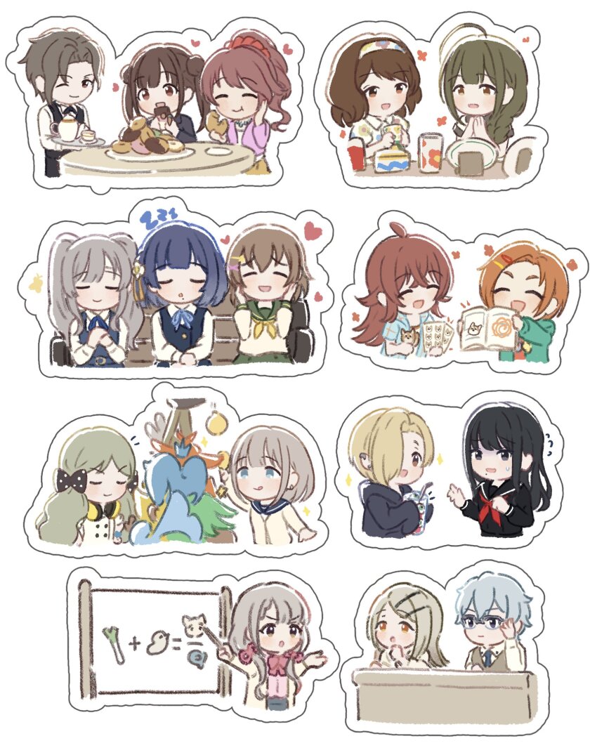 2boys 6+girls ^_^ blush character_request check_character closed_eyes commentary_request cropped_torso cup donut eating flying_sweatdrops food gakuen_idolmaster hageringo handa_roco hataya_misuzu hazama_michio heart highres hisakawa_nagi idolmaster idolmaster_cinderella_girls idolmaster_shiny_colors idolmaster_side-m in-franchise_crossover kamiya_yukihiro kazano_hiori kita_hinako komiya_kaho kuwayama_chiyuki lecturing multiple_boys multiple_girls nagatomi_hasumi outline ryuzaki_kaoru serizawa_asahi shiina_noriko shinosawa_hiro shirasaka_koume smile sonoda_chiyoko teacup teapot upper_body white_outline yukoku_kiriko zzz