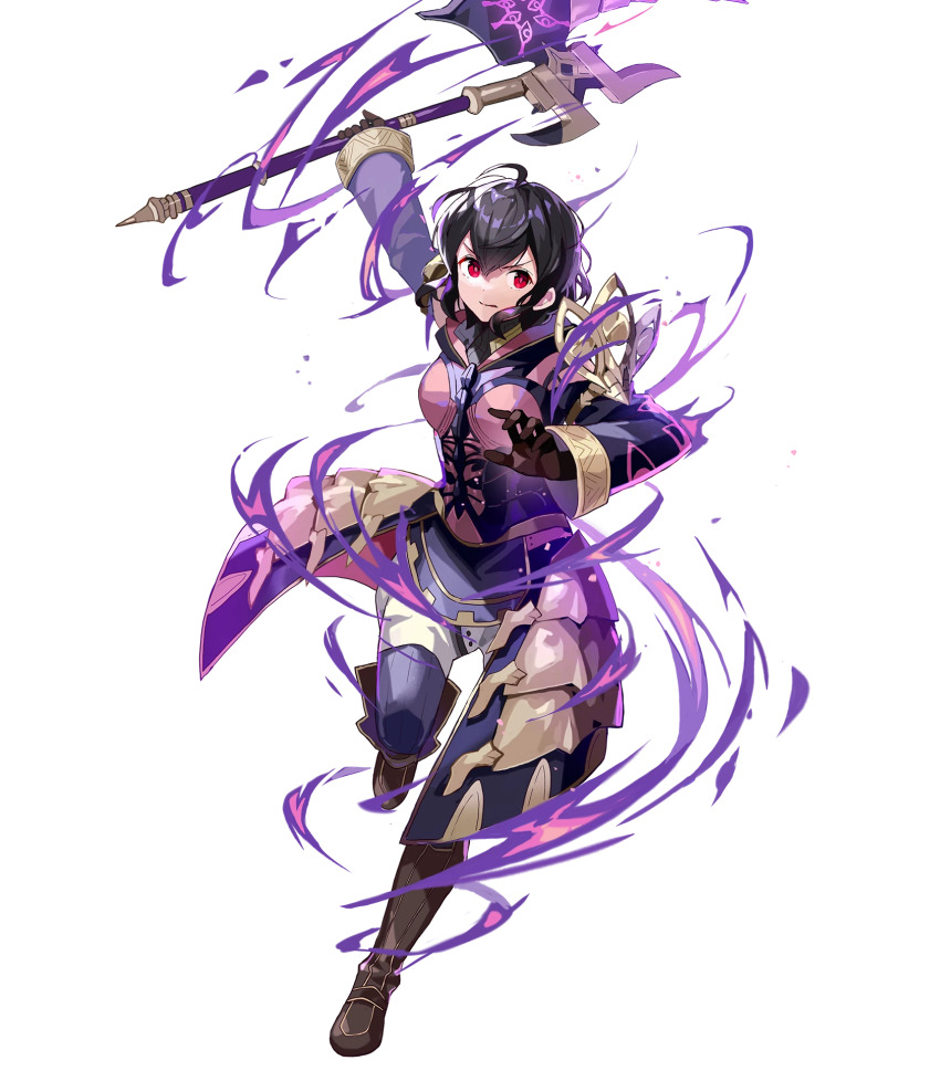 1girl aura axe battle_axe black_hair boots breasts brown_footwear brown_gloves dark_aura dark_persona eyes_of_grima fire fire_emblem fire_emblem_awakening fire_emblem_heroes gloves highres holding holding_axe knee_boots long_sleeves looking_at_viewer medium_breasts morgan_(female)_(devoted_darkness)_(fire_emblem) morgan_(female)_(fire_emblem) morgan_(fire_emblem) nintendo official_alternate_costume official_art purple_fire red_eyes short_hair third-party_source tobi_(kotetsu) weapon white_background