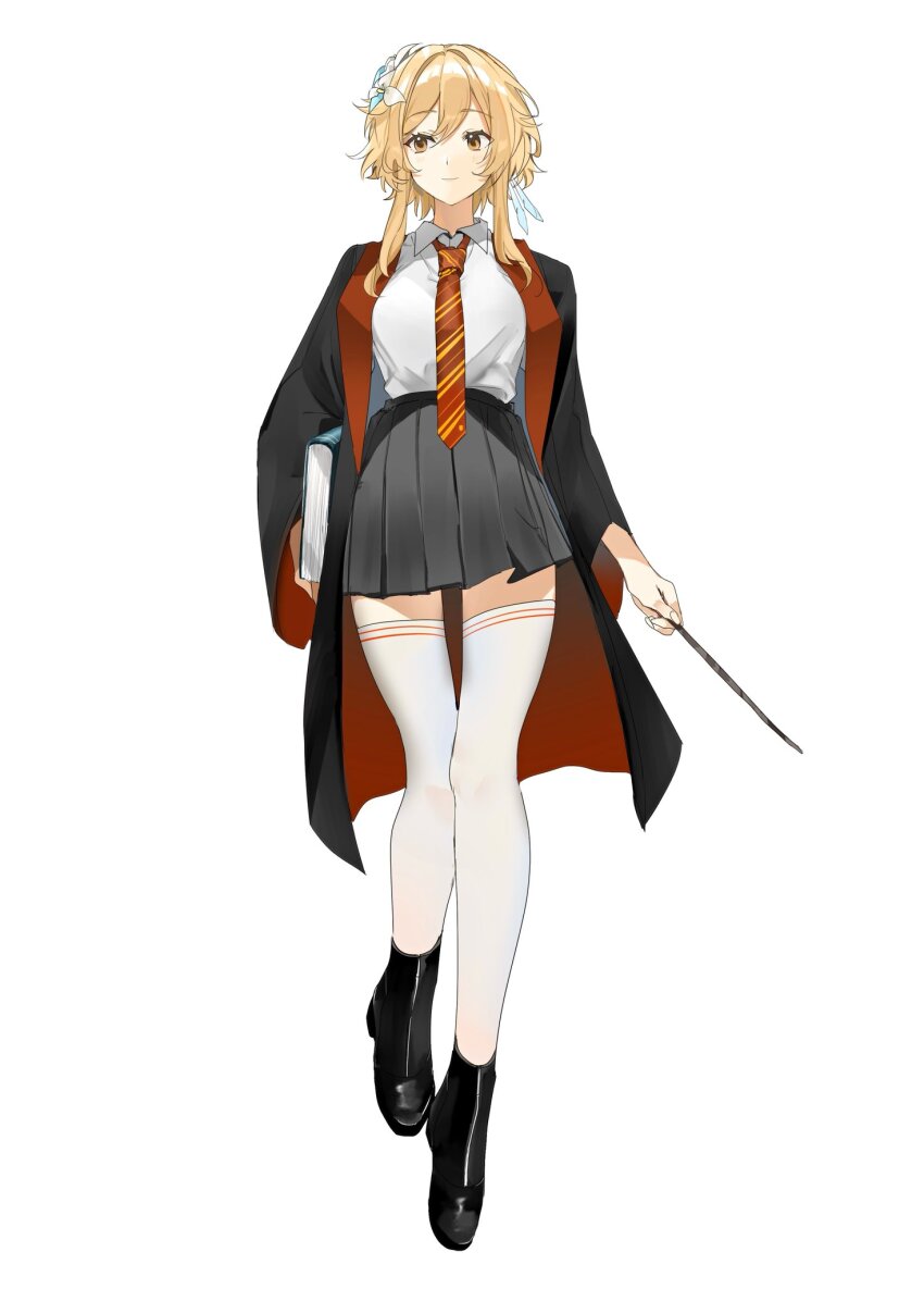 1girl alternate_costume aqua_flower arms_at_sides black_footwear black_robe black_skirt black_sleeves blonde_hair blouse closed_eyes collared_shirt eyelashes feather_hair_ornament feathers flower full_body genshin_impact gryffindor hair_flower hair_ornament harry_potter_(series) highres holding holding_wand long_sleeves looking_to_the_side lumine_(genshin_impact) mamumamu115353 multicolored_flower necktie pleated_skirt red_necktie red_robe robe shirt shoes short_hair short_hair_with_long_locks sidelocks sideways_glance skirt smile solo striped_necktie thighhighs two-sided_robe wand white_background white_flower white_shirt white_thighhighs wizarding_world yellow_eyes zettai_ryouiki