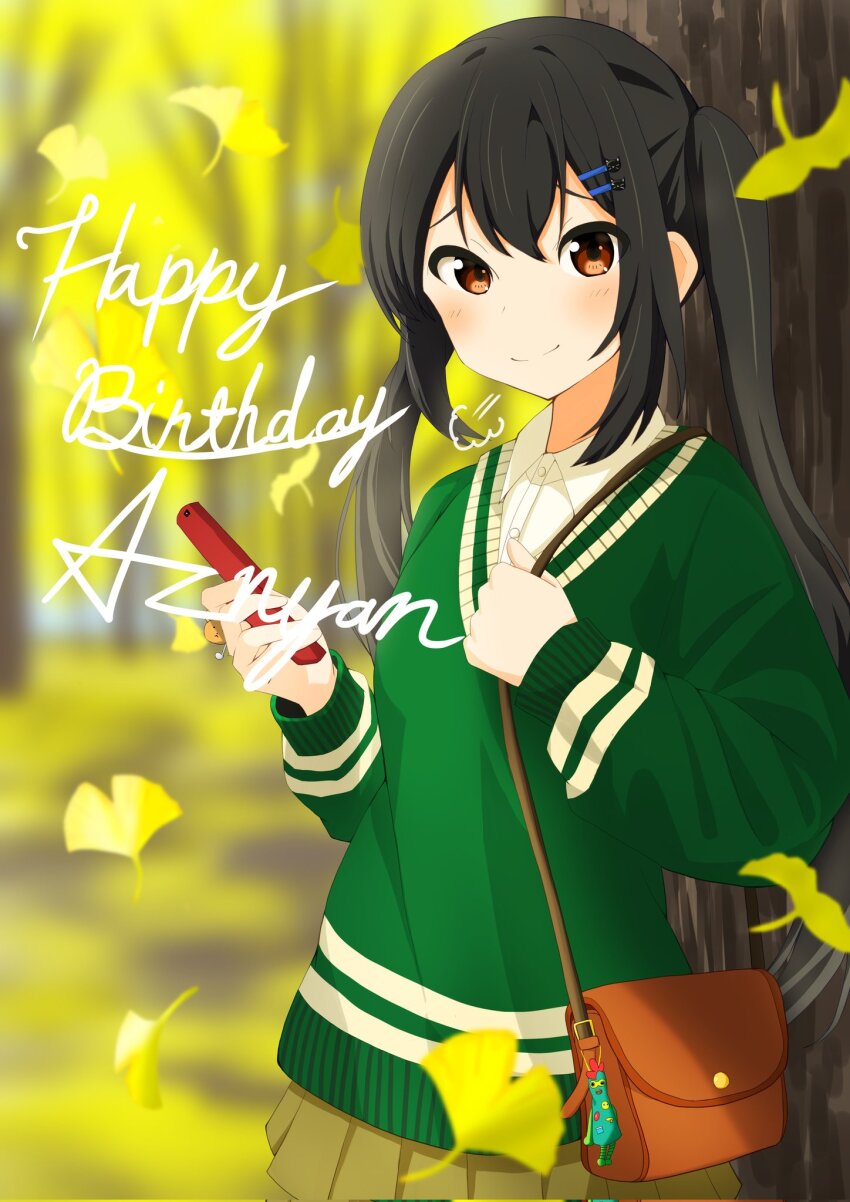 1girl autumn autumn_leaves bag birthday black_hair blush brown_eyes button_shirt cellphone closed_mouth dark_skin dot_nose english_text female_focus hair_ornament hairclip handbag happy_birthday holding holding_cellphone holding_phone k-on! leaf long_hair long_sleeves looking_at_viewer mocchi4101204 nakano_azusa outdoors phone smile solo standing twintails