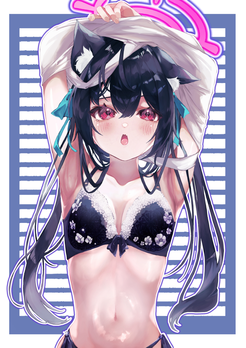 1girl absurdres animal_ear_fluff animal_ears armpits arms_up black_bra black_hair blue_archive blush bow bow_bra bra breasts cat_ears fang floral_print halo highres lace lace_bra long_hair looking_at_viewer medium_breasts open_mouth pink_halo red_eyes serika_(blue_archive) shirt solo twintails underwear undressing upper_body white_shirt yoshiyoshi15