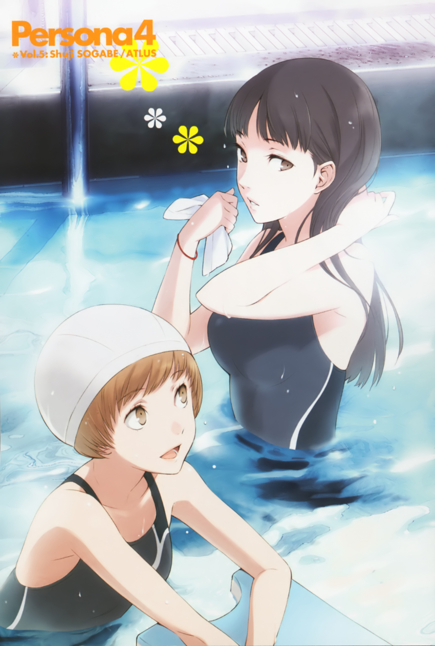 2girls absurdres adjusting_hair amagi_yukiko atlus black_hair brown_eyes brown_hair competition_swimsuit highres kickboard long_hair multiple_girls official_art one-piece_swimsuit open_mouth persona persona_4 pool satonaka_chie scan short_hair sogabe_shuuji swim_cap swimsuit water