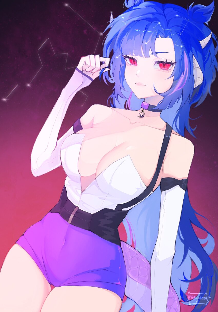 bad_anatomy bare_shoulders basil_(basiilleaf) belt black_belt black_choker blue_hair breasts choker cleavage collarbone commentary covered_navel detached_sleeves dragon_girl dragon_horns dragon_tail english_commentary highres horns indie_virtual_youtuber large_breasts leotard long_hair looking_at_viewer multicolored_hair official_alternate_costume purple_hair red_eyes shirt sleeves_past_wrists smile strapless strapless_shirt streaked_hair tail vienna_(vtuber) vienna_(vtuber)_(3rd_costume) virtual_youtuber white_leotard white_shirt