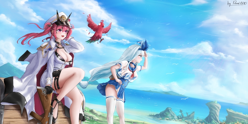 2girls absurdres anchor_(nikke) bikini blue_eyes blue_hair blue_sailor_collar blush breasts goddess_of_victory:_nikke hair_ribbon highres large_breasts long_hair mast_(nikke) morgan_(nikke) multiple_girls ribbon ronal_1710 sailor_collar see-through_clothes shirt sky swimsuit twintails