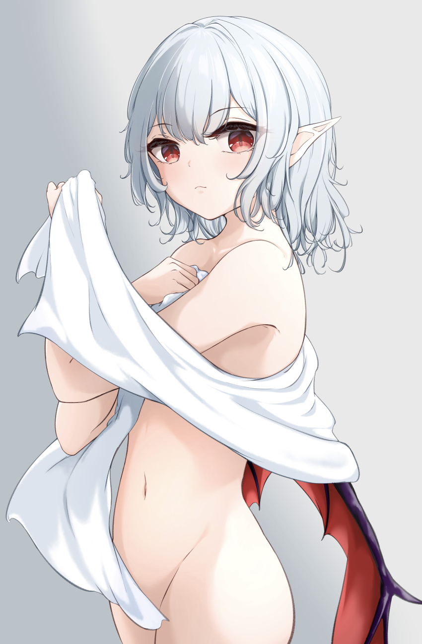 1girl absurdres bat_wings bed_sheet blush closed_mouth grey_background grey_hair highres looking_at_viewer midriff nude pointy_ears red_eyes remilia_scarlet sheet_grab short_hair simple_background slit_pupils solo sr_(takutaku525mi) touhou wings