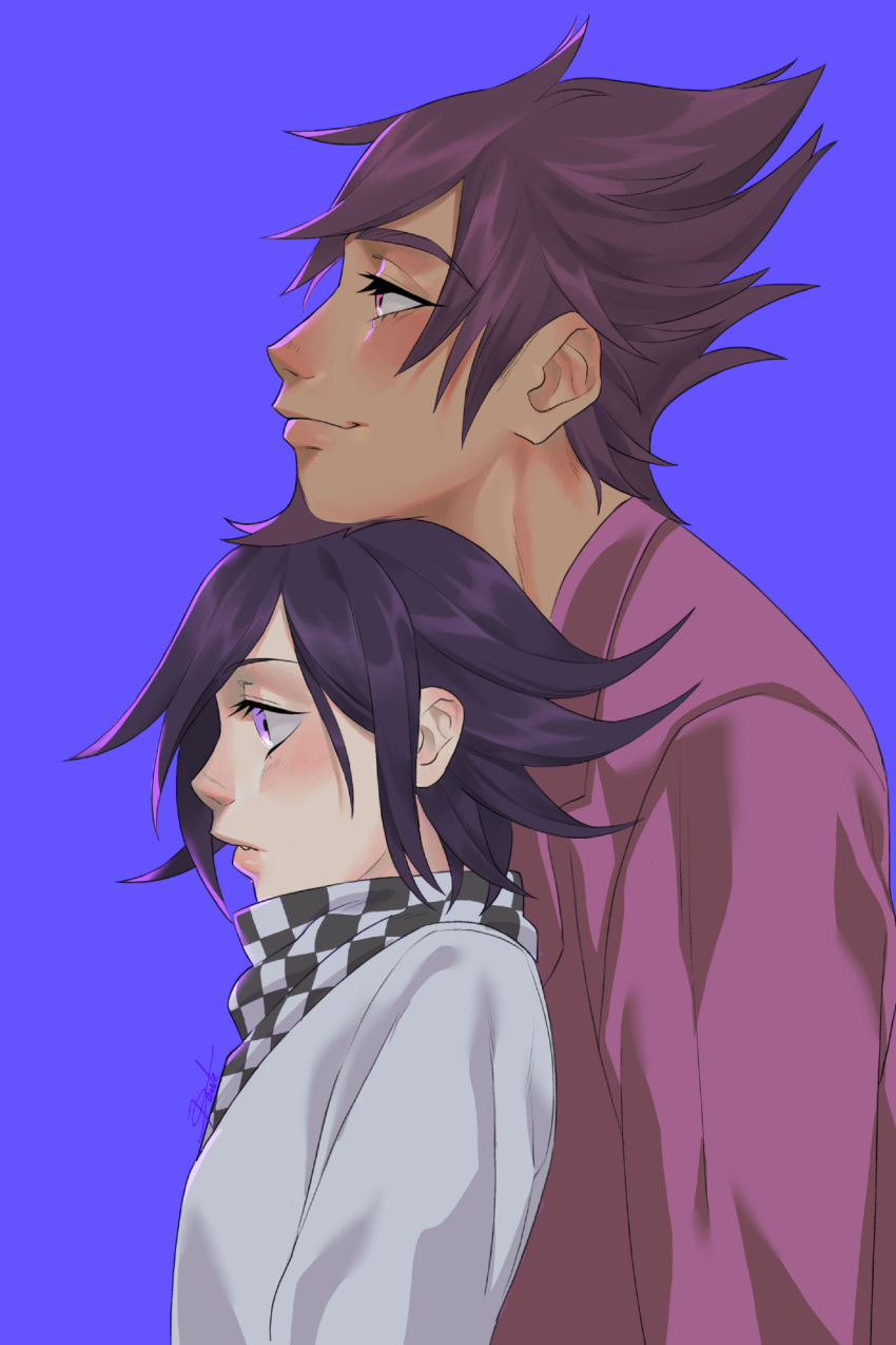 2boys blush checkered_clothes checkered_scarf chin_rest closed_eyes danganronpa_(series) danganronpa_v3:_killing_harmony dark-skinned_male dark_skin eyelashes facial_hair flipped_hair from_side goatee hair_between_eyes hashtag-only_commentary head_on_head head_rest height_difference highres jacket long_sleeves male_focus momota_kaito multiple_boys oma_kokichi pink_jacket profile purple_background purple_eyes purple_facial_hair purple_hair scarf septimo_dante short_hair simple_background smile spiked_hair surprised tan two-tone_scarf upper_body yaoi