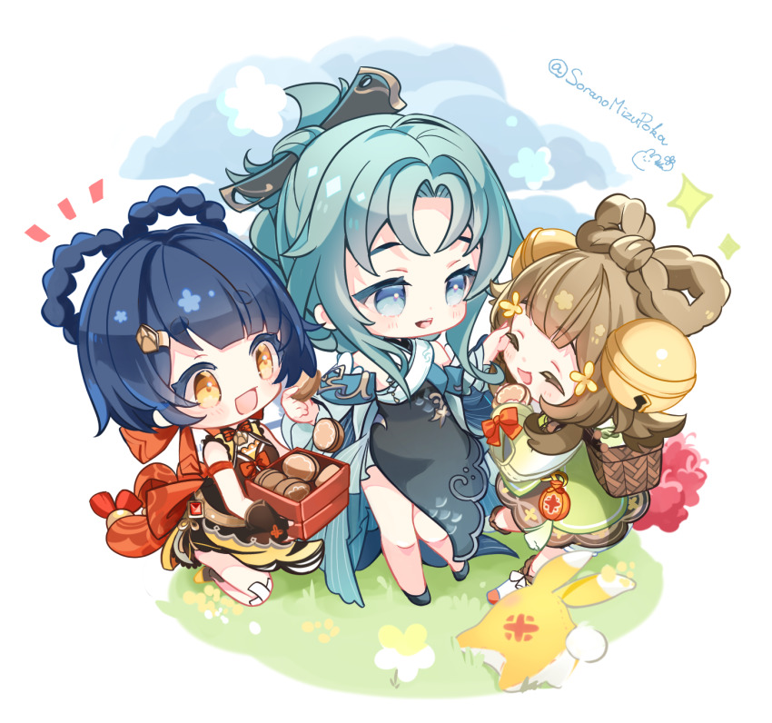 3girls :d aqua_eyes aqua_hair basket bell black_dress black_gloves black_hair blush bow-shaped_hair brown_hair chibi chibi_only closed_eyes commentary_request dress genshin_impact gloves green_dress hair_bell hair_ornament hand_on_another&#039;s_cheek hand_on_another&#039;s_face highres holding hoshiusagi_no_chloe jingle_bell kneeling long_hair long_sleeves looking_at_another madame_ping_(genshin_impact) multiple_girls notice_lines open_mouth short_hair_with_long_locks smile standing twitter_username upper_body white_background xiangling_(genshin_impact) yaoyao_(genshin_impact) yellow_eyes yuegui_(genshin_impact)