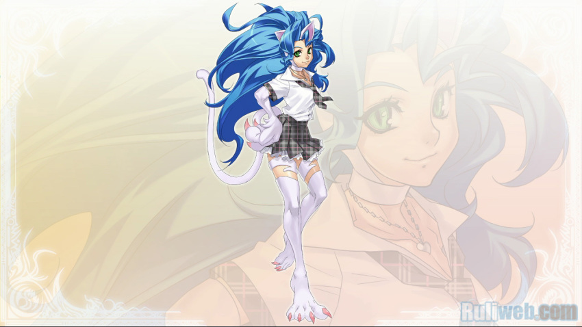 1girl alternate_costume animal_ears animal_hands big_hair blue_hair border capcom cat_ears cat_tail claws cross_edge darkstalkers felicia_(darkstalkers) female_focus fur green_eyes hand_on_own_hip heart jewelry leg_lift long_hair nakamura_tatsunori necklace necktie official_art official_wallpaper pendant plaid_clothes plaid_skirt pleated_skirt school_uniform serafuku skirt smile solo standing standing_on_one_leg tail very_long_hair watermark zoom_layer