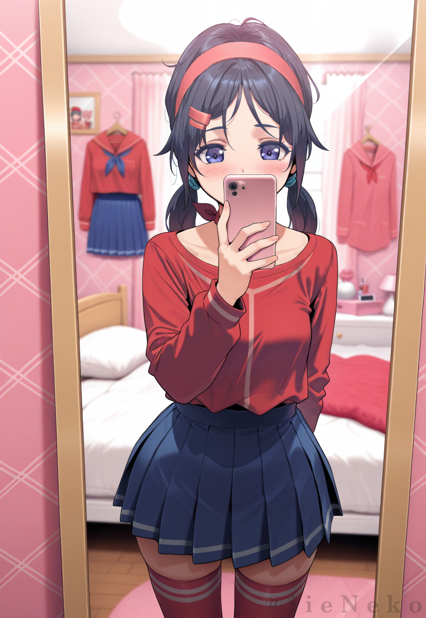 1girl bed blue_eyes blue_hair blue_skirt fingernails hair_ornament hairband hairpin highres holding holding_phone iieneko2 low_twintails mirror miside mita_(miside) phone pillow red_hairband red_sweater red_thighhighs skirt sweater thighhighs twintails unworn_clothes window