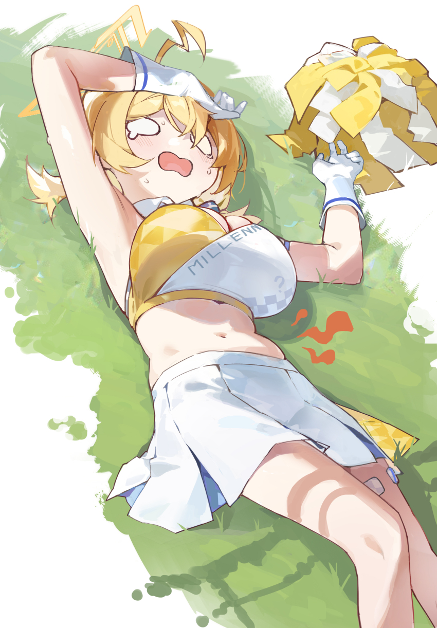 1girl absurdres ahoge blonde_hair blue_archive breasts exhausted grass hair_between_eyes halo highres kotori_(blue_archive) kotori_(cheer_squad)_(blue_archive) large_breasts navel on_grass plump pom_pom_(cheerleading) runfufu short_hair short_twintails simple_background twintails white_background