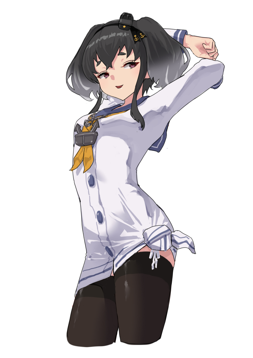 1girl anchor_symbol arms_up black_hair black_thighhighs blue_sailor_collar breasts dress gradient_hair grey_hair hat highres kantai_collection mini_hat multicolored_hair neckerchief orange_neckerchief parted_lips purple_eyes sailor_collar sailor_dress short_dress short_hair_with_long_locks side-tie_shirt simple_background small_breasts solo thighhighs tokitsukaze_(kancolle) white_background white_dress yamano_rita