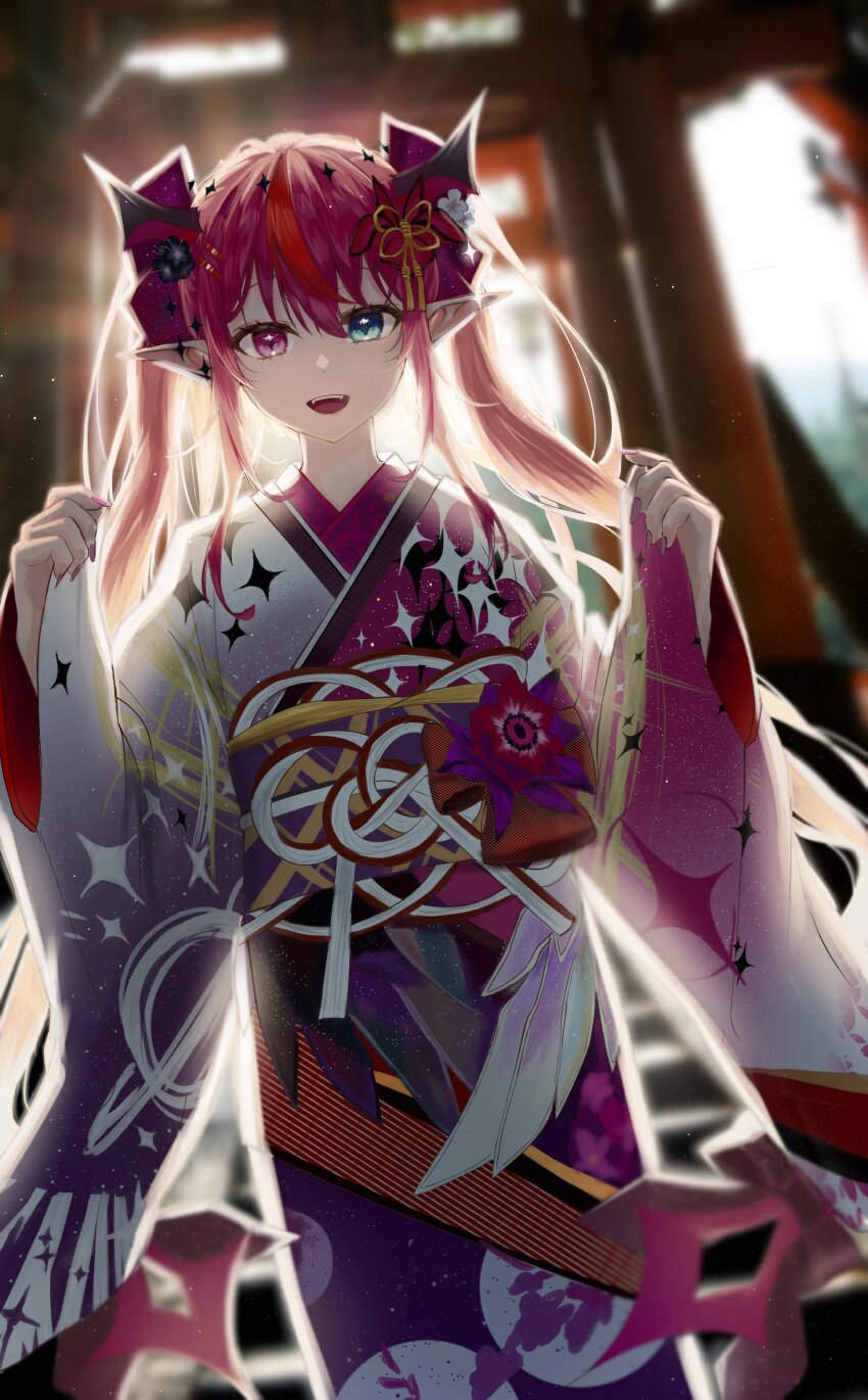 1girl absurdres arata_haru blue_eyes fangs flower hair_flower hair_ornament halo heterochromia highres hololive hololive_english horns irys_(new_year)_(hololive) irys_(hololive) japanese_clothes kimono long_hair multicolored_hair obi open_mouth pink_eyes pointy_ears purple_hair purple_kimono red_hair sash star_halo twintails two-tone_hair two-tone_kimono virtual_youtuber white_flower white_kimono