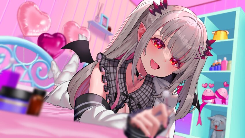 1girl absurdres bedroom blurry blurry_background blurry_foreground blush choker colored_inner_hair demon_wings depth_of_field fangs foreshortening frilled_shirt_collar frills futayamam2 grey_hair hashtag-only_commentary headgear heart_o-ring highres indie_virtual_youtuber indoors jacket kanikama_(suou_patra) looking_at_viewer lying mimikaki multicolored_hair o-ring o-ring_choker official_alternate_costume on_bed on_stomach open_mouth pink_hair pointy_ears puritan_collar red_eyes skin_fangs smirk smug solo suou_patra the_pose thighhighs virtual_youtuber white_jacket white_thighhighs wings