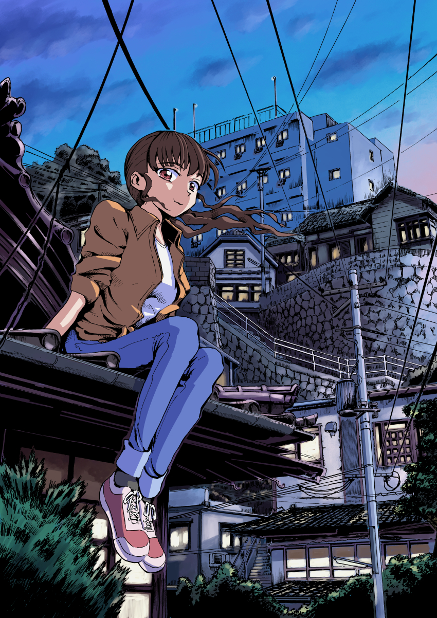 1girl absurdres black_socks blue_pants brown_eyes brown_hair brown_jacket building bush closed_mouth cloud dawn highres jacket kagekaku medium_hair open_clothes open_jacket original pants power_lines railing scenery shirt shoes sitting sky socks solo stairs tree two-tone_footwear utility_pole white_shirt window