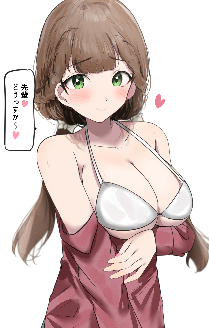 1girl absurdres arm_under_breasts blunt_bangs blush bra breasts brown_hair cleavage collarbone commentary_request green_eyes heart highres jacket large_breasts long_hair long_sleeves looking_at_viewer love_live! love_live!_superstar!! off_shoulder red_jacket sakurakoji_kinako solo speech_bubble sunya_(honorin-yuunibo) translation_request twintails underwear upper_body white_background white_bra