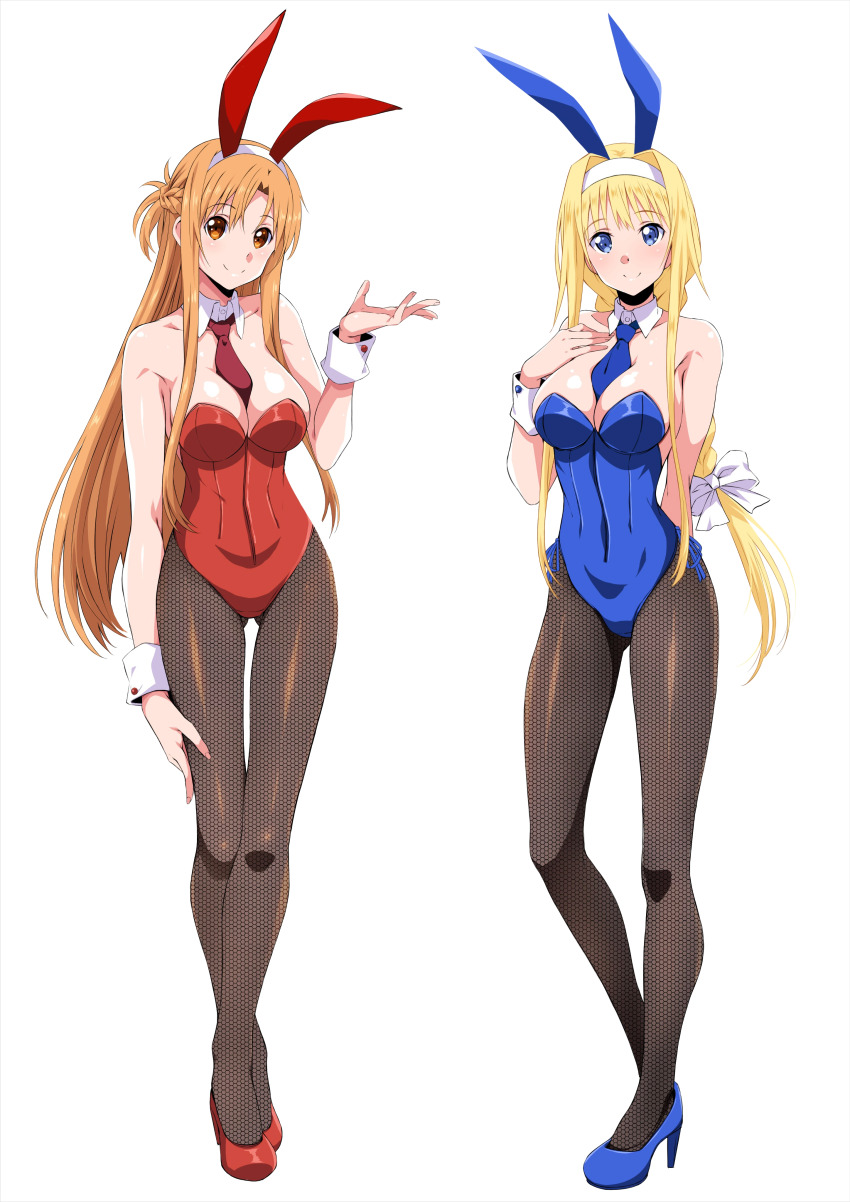 2girls absurdres alice_zuberg animal_ears asuna_(sao) blonde_hair blue_eyes breasts fake_animal_ears fishnets full_body high_heels highres island_(kossori) leotard long_hair looking_at_viewer multiple_girls necktie orange_eyes orange_hair pantyhose simple_background smile standing sword_art_online