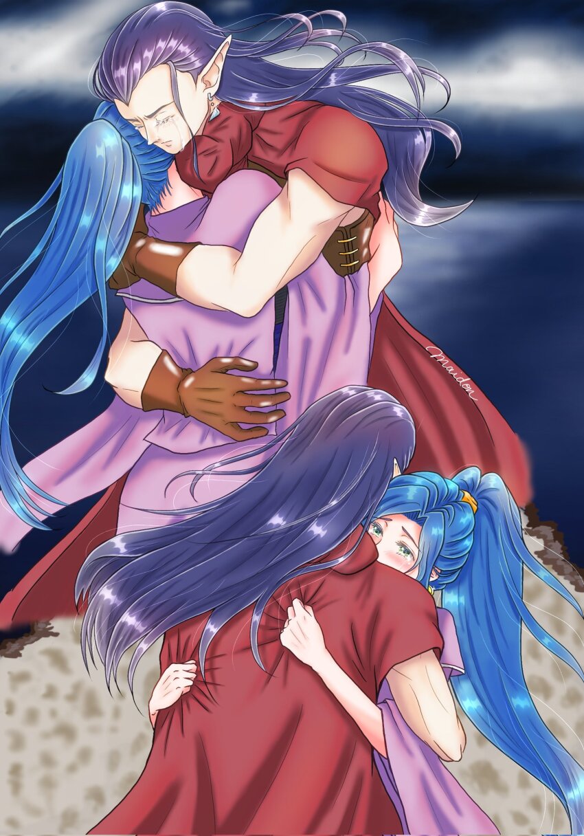 1boy 1girl blue_hair blush brother_and_sister brown_gloves chrono_trigger cloak closed_eyes crying dress gloves green_eyes hair_tie highres hug long_hair magus_(chrono_trigger) maidon_san parted_bangs pointy_ears ponytail purple_dress purple_hair red_cloak schala_zeal siblings tears upper_body wide_sleeves