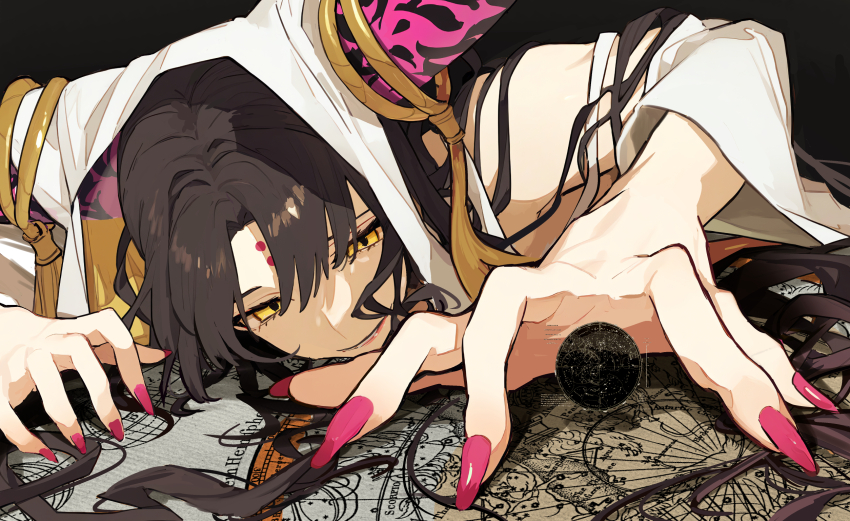 1girl bare_shoulders black_hair breasts chef_no_kimagure_salad cleavage dress facial_mark fate/grand_order fate_(series) forehead_mark highres horns large_breasts long_hair long_sleeves parted_bangs sessyoin_kiara solo veil very_long_hair wavy_hair white_dress wide_sleeves yellow_eyes