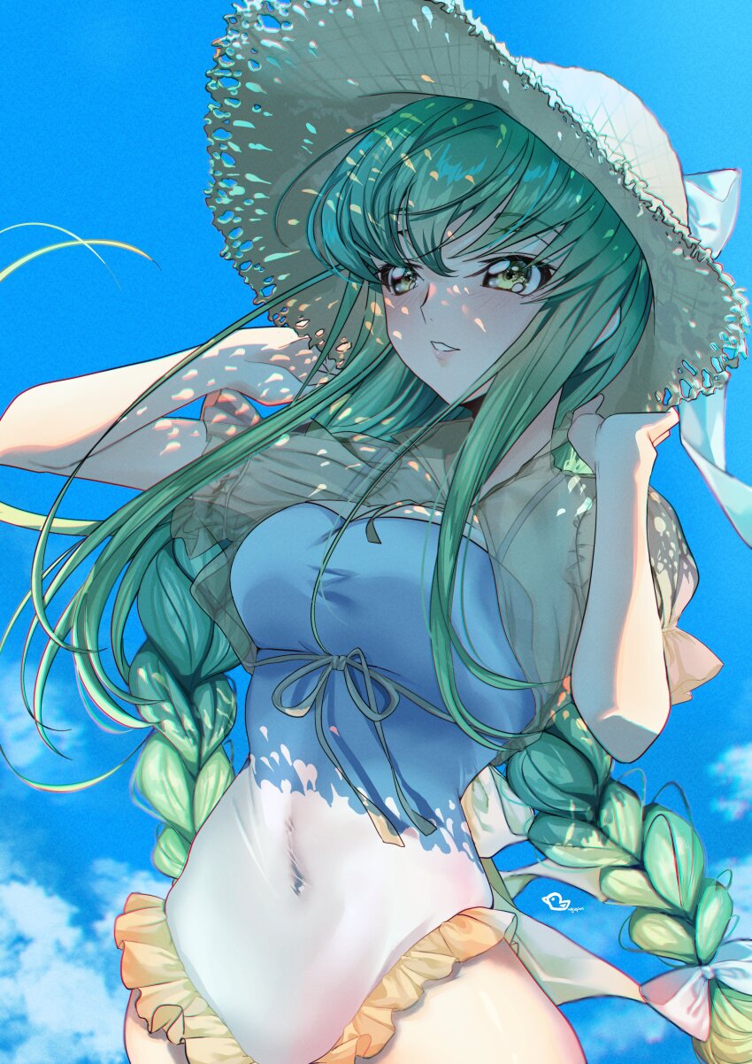 1girl absurdres bikini blue_sky blush braid breasts budgiepon c.c. cloud cloudy_sky code_geass day green_hair hat highres long_hair looking_at_viewer outdoors see-through single_braid sky smile solo swimsuit very_long_hair yellow_eyes