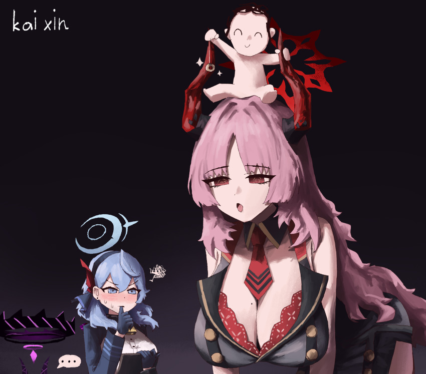 ... 1boy 3girls @_@ ^_^ absurdres ahoge ako_(blue_archive) artist_name bare_shoulders bell bent_over black_background blue_archive blue_eyes blue_hair blue_halo blush bra bra_peek breasts cleavage clipboard closed_eyes coin coin_on_string collarbone cowbell crescent_halo demon_horns detached_collar doodle_sensei_(blue_archive) earrings envy forehead gradient_background hair_intakes hair_ornament hair_over_shoulder half-closed_eyes halo headband highres hina_(blue_archive) holding holding_clipboard holding_pendulum holed_coin horn_grab horns hypnosis jewelry lace lace_bra lapels large_breasts long_hair long_sleeves looking_at_another medium_hair mind_control mini_person mole mole_on_breast multicolored_horns multiple_girls neck_bell necktie on_head open_mouth out_of_frame parted_bangs pendulum pink_hair purple_halo purple_horns red_bra red_halo red_horns red_necktie satsuki_(blue_archive) sensei_(blue_archive) shirt short_necktie sideboob sitting sitting_on_head sitting_on_person sleeveless sleeveless_shirt smile spoken_ellipsis squiggle stud_earrings sweat tongue tongue_out two-tone_horns underwear v-shaped_eyebrows zheng_kai_xin