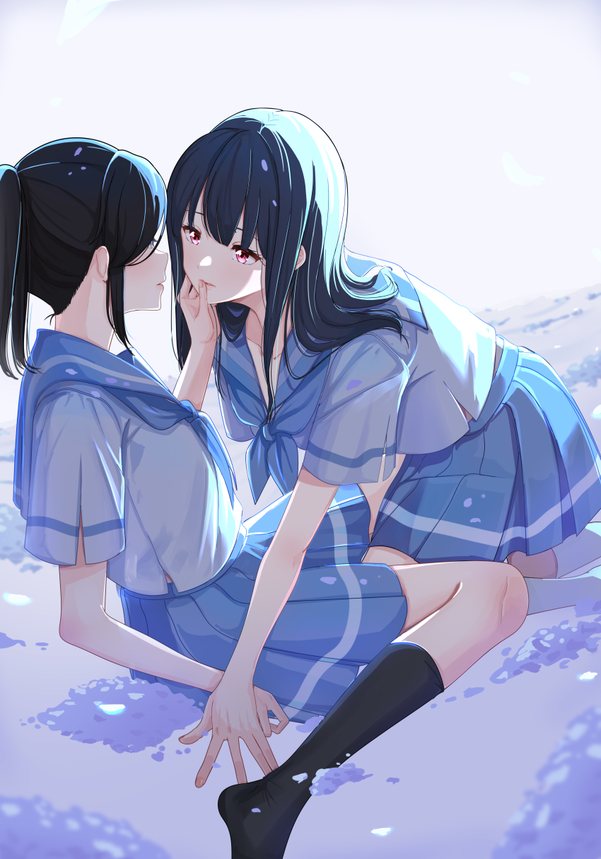 2girls absurdres azusa_zilu black_hair blue_hair blue_sailor_collar blush dark_blue_hair face-to-face grabbing_another&#039;s_chin hand_on_another&#039;s_chin hibike!_euphonium highres holding_hands imminent_kiss kasaki_nozomi kitauji_high_school_uniform liz_to_aoi_tori long_hair medium_hair multiple_girls neckerchief ponytail red_eyes sailor_collar school_uniform yoroizuka_mizore yuri