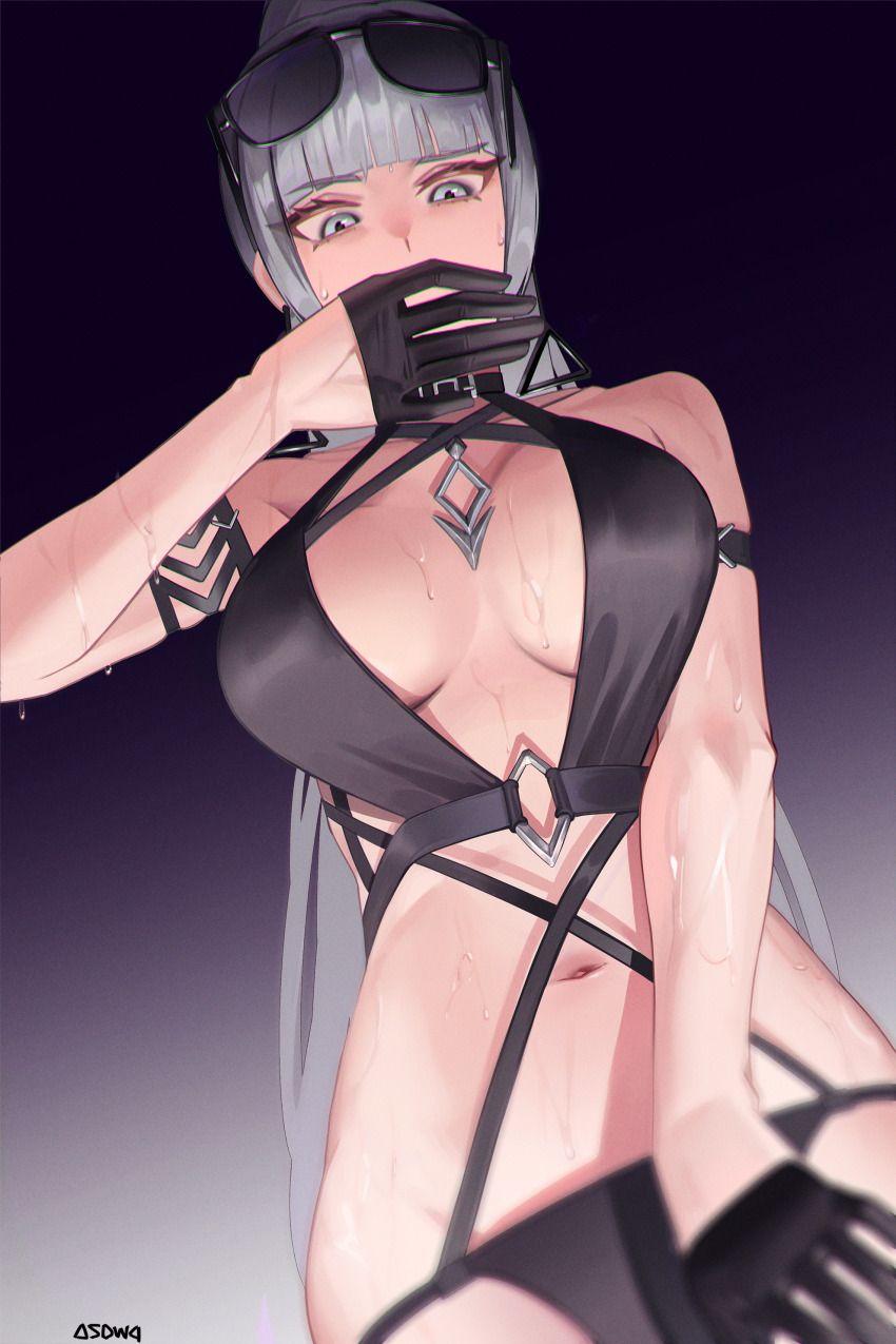 1girl absurdres arm_strap artist_name bb_aa bikini black_bikini black_collar black_gloves black_survival blunt_bangs blurry breasts breasts_apart collar covering_own_mouth criss-cross_halter depth_of_field earrings eternal_return:_black_survival eyewear_on_head from_below gloves grey_eyes grey_hair hair_ornament half_gloves halterneck haze_(black_survival) highres jewelry large_breasts long_hair looking_down multi-strapped_bikini_bottom multi-strapped_bikini_top navel o-ring o-ring_bikini ponytail raised_eyebrow skindentation solo stomach strap_gap string_bikini sunglasses sweat swimsuit triangle_earrings very_long_hair