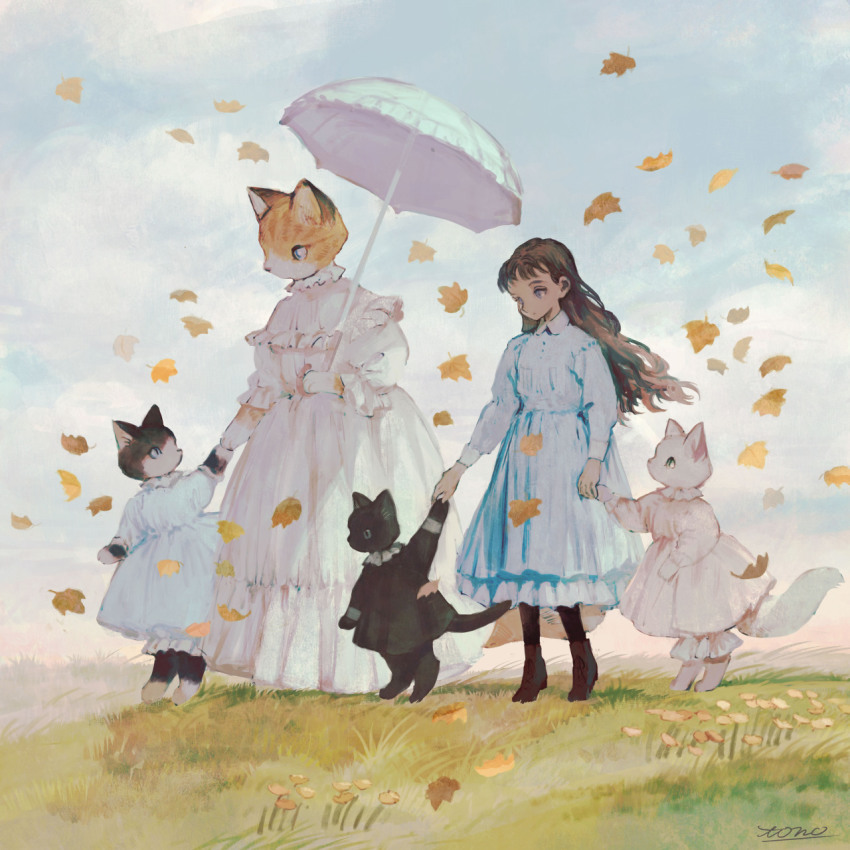 1girl animal black_cat black_legwear black_shirt blue_dress blue_eyes boots brown_footwear brown_hair cat clothed_animal dress expressionless falling_leaves field frilled_dress frilled_shirt_collar frills full_body highres holding holding_hands holding_umbrella kitten leaf long_dress long_hair long_sleeves original outdoors peter_pan_collar shirt sky standing tabby_cat tail tono_(rt0no) umbrella white_cat white_dress