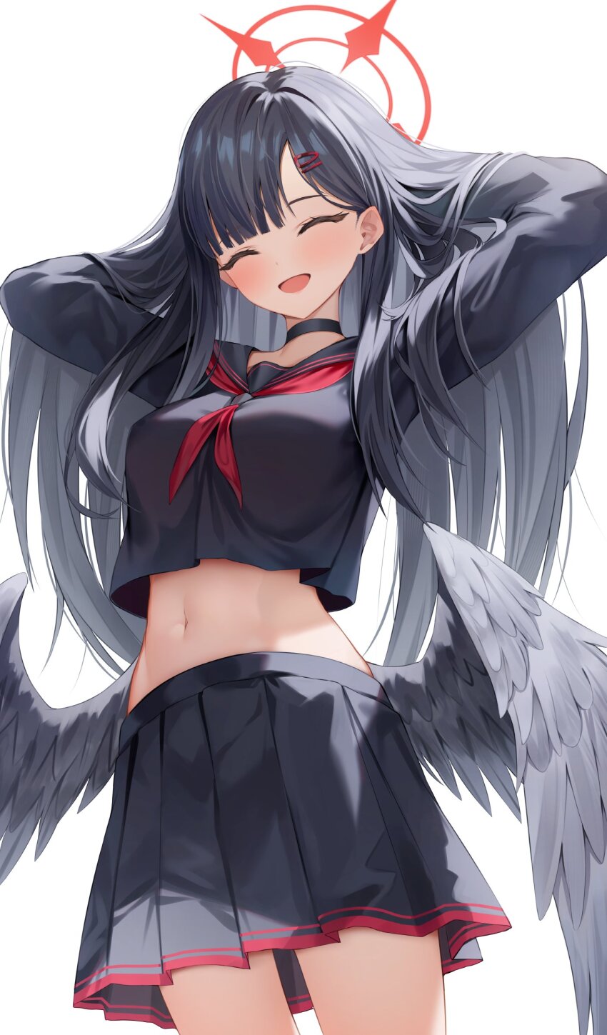 1girl absurdres adjusting_hair arms_behind_head black_choker black_hair black_sailor_collar black_serafuku black_skirt black_wings blue_archive blush breasts choker closed_eyes cowboy_shot feathered_wings hair_lift hair_ornament hairclip halo hand_in_own_hair hands_in_hair highres ichika_(blue_archive) long_hair long_sleeves low_wings medium_breasts neckerchief open_mouth pleated_skirt red_halo red_neckerchief sailor_collar school_uniform serafuku shuvi_(shuvi1125) simple_background skirt smile solo very_long_hair white_background wings