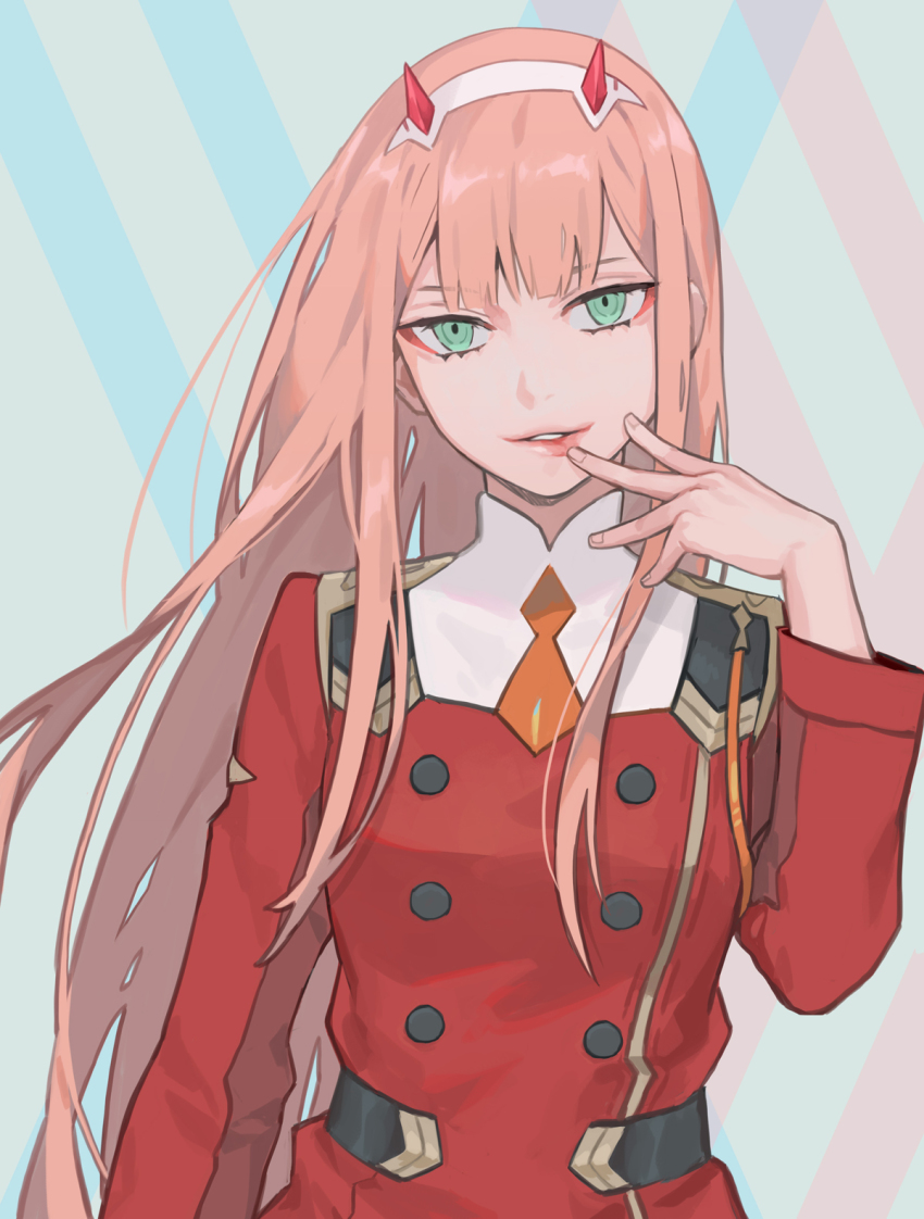 10s 1girl 8c aqua_eyes arm_at_side bad_id bad_pixiv_id buttons coat darling_in_the_franxx double-breasted eyeshadow female_focus finger_to_mouth hairband hand_up highres horns lips long_hair long_sleeves looking_at_viewer makeup military military_uniform multicolored_background parted_lips pink_hair red_coat seductive_smile smile solo straight_hair upper_body white_hairband zero_two_(darling_in_the_franxx)